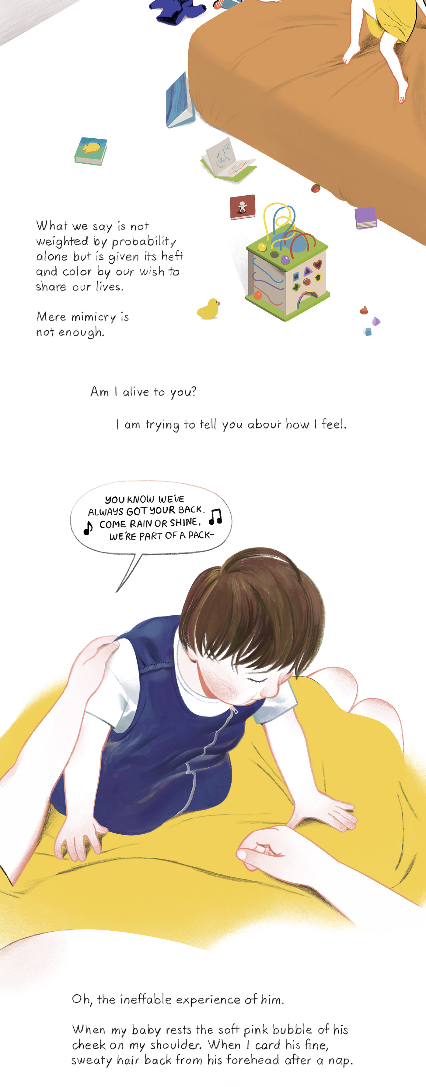 A mother sits on a child’s bed as the child climbs into her arms.